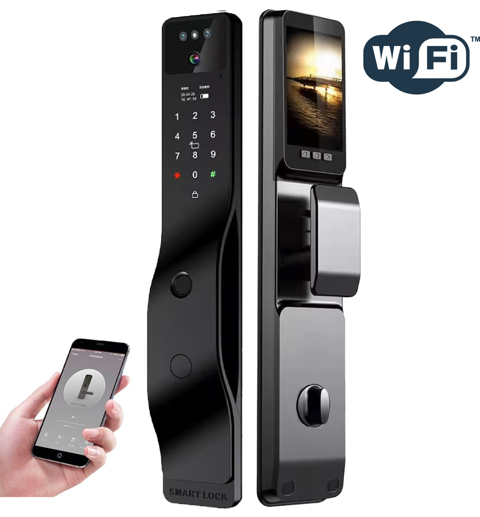 [PN-ZDL-S4] SR217. Series 4 WiFi-LE Smart Face Recognition Door Lock With Camera And screen with Active Doorbell Feature 2way Talk + Any Time Mobile App Unlock + Finger print + RFid + passcode + mechanical key + OTP + Active Smart Lock Bind Technology+ 3rd Party VDP Integration (Optional) (Matte Black)
