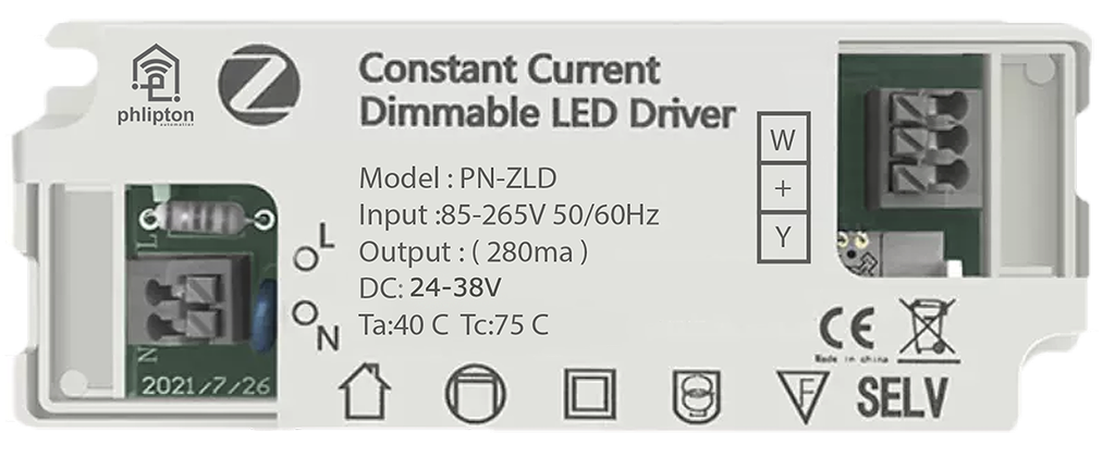 SR90. 8W-12W High Voltage ZigBee dimmable & CCT changing Led Downlight & Cob Driver (DC:280mA / 24-38V)
