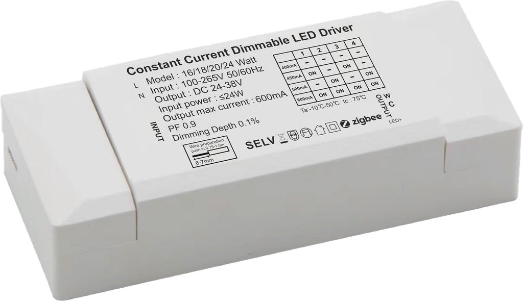 SR93. 16W-24W HPF Low Voltage Dip Switch Zigbee 0.1% Deep dimmable & CCT changing Led Downlight & Cob Driver (DC:350mA-600mA / 30-40V) (Suitable for Premium Similar To DALI)