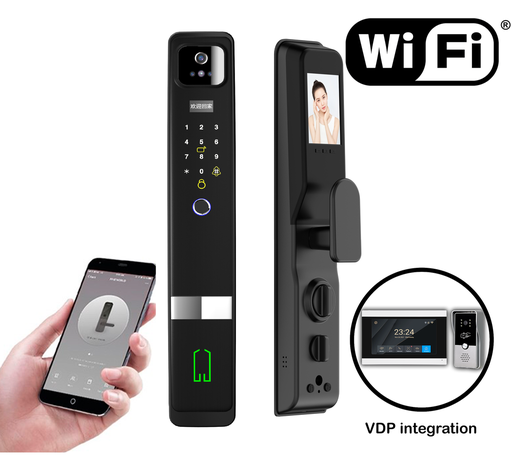 [PN-WDL-S5] SR206. Series 5 WiFi-LE Smart Face Recognition Door Lock With Camera And screen with Active Doorbell Feature 2way Talk + Any Time Mobile App Unlock + Finger print + RFid + passcode + mechanical key + OTP + Active Smart Lock Bind Technology + 3rd Party VDP Integration (Optional) + (Wireless Doorbell Trigger Switch + Indoor Chime) (Black)