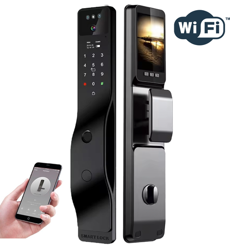 [PN-WDL-S4] SR217. Series 4 WiFi-LE Smart Face Recognition Door Lock With Camera And screen with Active Doorbell Feature 2way Talk + Any Time Mobile App Unlock + Finger print + RFid + passcode + mechanical key + OTP + Active Smart Lock Bind Technology+ 3rd Party VDP Integration (Optional) (Matte Black)