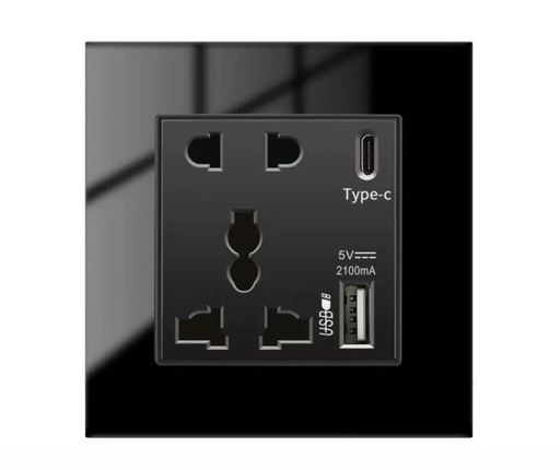 SR22. Luxeray 2M 5 Pin Socket + USB Type A & C 18W Fast charging - glass panel (0+0+0+1U)